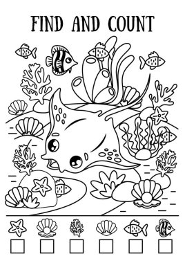 Mini-game for children, find and count. Sea illustration from the skat. Education for preschoolers. Black and white illustration. clipart