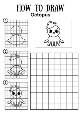 Çocuklar için mini bir oyun. Deniz karakterinin nasıl çizileceğini. Ahtapot deseni çiz. Siyah beyaz illüstrasyon.