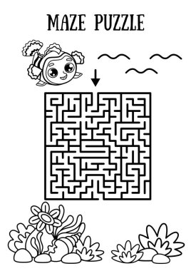 Çocuklar için mini bir oyun. Labirent. Balık Nemo 'nun evine gitmesine yardım et. Siyah beyaz illüstrasyon.