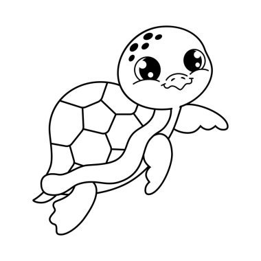 Bir kaplumbağanın çizgi film görüntüsü. Siyah ve beyaz stili. Doğrusal grafikler. Boyama kitabı karakteri.