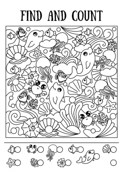 Çocuklar için mini oyun, bul ve say. Farklı deniz hayvanlarının olduğu deniz illüstrasyonu. Siyah beyaz illüstrasyon.