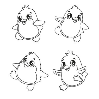 Çizgi film penguen çizim çizimi ikonu. Sevimli hayvan simgeleri. Çocuk odası için çocukça vektör baskısı, çocuk kıyafetleri, poster, kartpostal, desen. Siyah beyaz grafikler