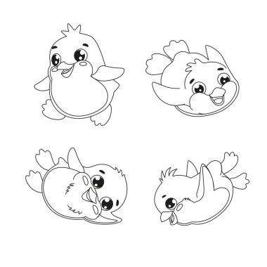 Çizgi film penguen çizim çizimi ikonu. Sevimli hayvan simgeleri. Çocuk odası için çocukça vektör baskısı, çocuk kıyafetleri, poster, kartpostal, desen. Siyah beyaz grafikler