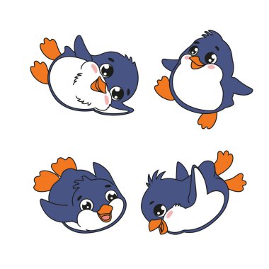 Çizgi film penguenleri farklı pozisyonlarda. Beyaz arkaplandaki karakterin kümesi. Sevimli hayvan simgeleri.