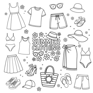 Yaz giysi ikonu seti. Siyah ve beyaz vektör çizgisi yaz kıyafetleri, mayo, şapka ve ayakkabı sanatı