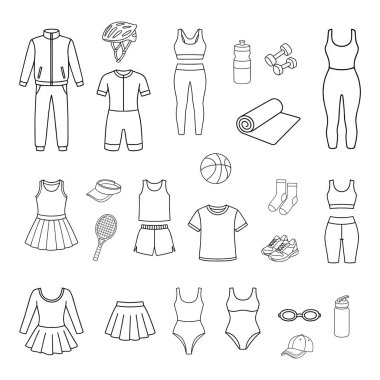 Spor giyim, giysi, ayakkabı ve spor salonu için aksesuarlardan oluşan kadın vektör seti..