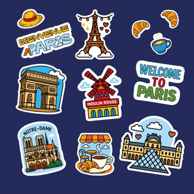 Eyfel Kulesi, kruvasan, kafe, Louvre ve daha fazlasının olduğu renkli Paris karikatür etiketi..