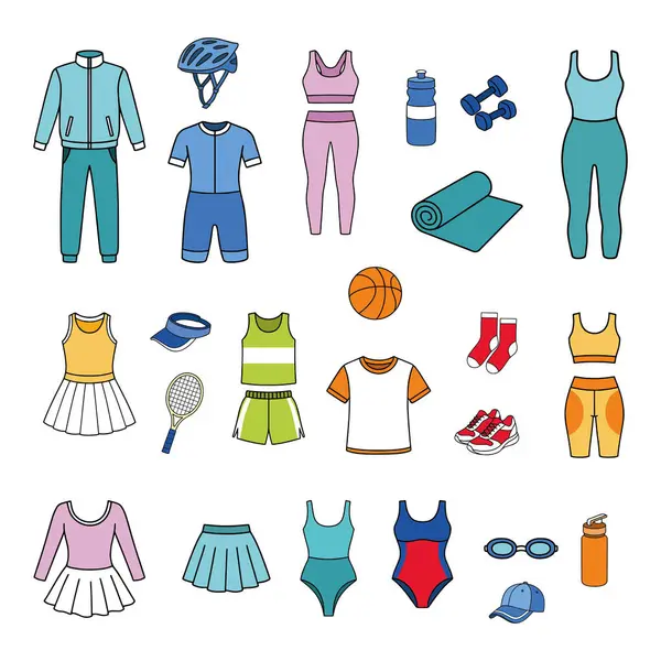 Kadın spor kıyafetleri, ayakkabılar, mayo, dişli ve spor malzemelerinin renkleri.