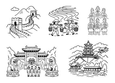 Çin çizgisi manzarası: Büyük Duvar, pirinç tarlaları, askerler, kapılar ve siyah pagodalar..