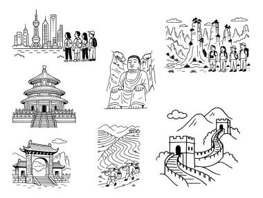 Ünlü Çin simgelerinin, kültürünün ve manzara manzaralarının el çizimleri.