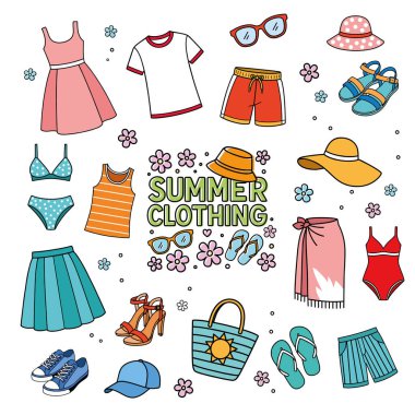 Elbiseleri, mayosu, şortu, şapkası, güneş gözlüğü ve sandaleti olan parlak yaz kıyafetleri.