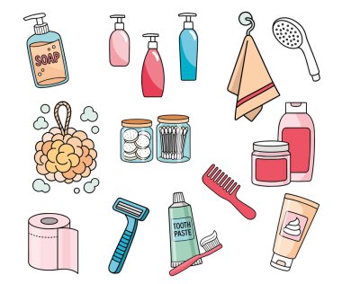 Banyo, duş ve hijyen malzemelerinin renk simgeleri, kişisel bakım araçları, karikatür tarzı set