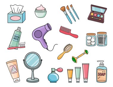 Güzellik ve hijyen ürünlerinin renkli karalama simgeleri: makyaj ve ayna, tarak, krem, fırça, sabun, araç gereç