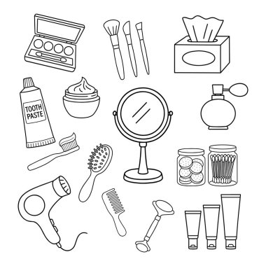 Güzellik ve hijyen malzemelerinin ana simgeleri: fırça ve krem, ayna, tarak, kurutucu, sabun, araçlar