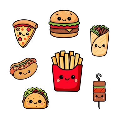 Tatlı sokak yemekleri karikatürleri: pizza, hamburger ve patates kızartması, taco ve paket, sosisli, kebap, yüzleri olan