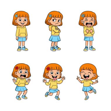 Farklı duygular gösteren komik çizgi film kızı mutlu, üzgün, kızgın, şaşkın, neşeli, neşeli