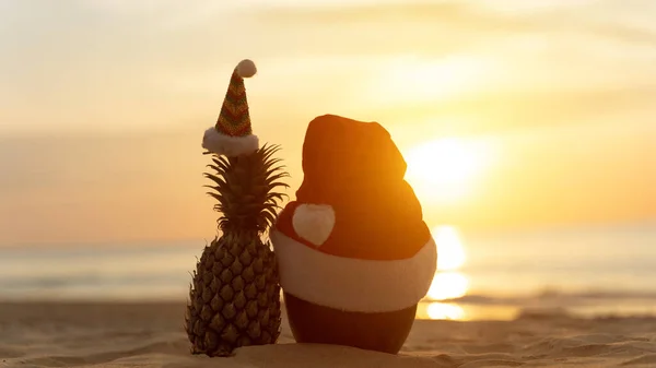 グラスとサンタクロースの帽子とパイナップルとスイカの休日 ビーチでのコンセプトクリスマスタイのプーケットで作られた熱帯デザイン — ストック写真