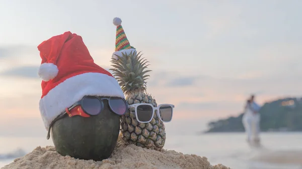 Melancia Férias Com Óculos Chapéu Papai Noel Abacaxi Conceito Natal — Fotografia de Stock