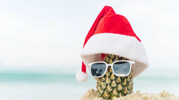 Wakacje Okularami Kapeluszem Santa Claus Ananasem Boże Narodzenie Concept Plaży — Zdjęcie stockowe