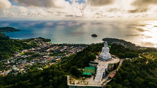 stock image afternoon light sky and blue ocean are on the back of Phuket Big Buddha statue.white Phuket big Buddha is the one of landmarks on Phuket island Thailand.