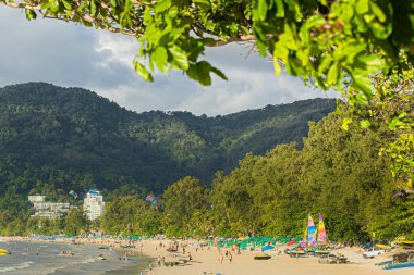 Tayland Asyalı kel kartalı gökyüzüne doğru süzülüyor, Patong Sahili, Phuket, açık mavi.