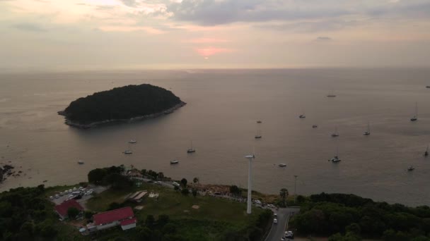 Phuket Best View Point Sunset Windmill Cape Thailand Kväll Antenn — Stockvideo