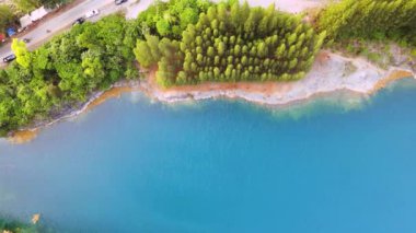 Aerial top view Old Thap Put Stone Quarry, Thong Lang Cave Thap Put District Phang Nga Thailand 82180, Switzerland Phang Nga New tourist check in point beautiful blue water pine forest in the valley.