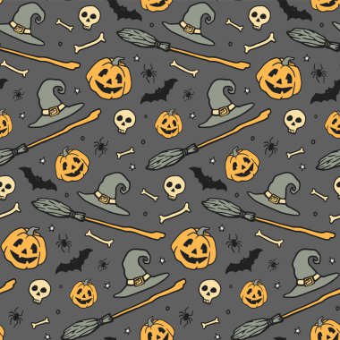 Cadılar Bayramı el yapımı yıldız, sihirli şapka, süpürge, balkabağı, kemik, kafatası. Vektör hisse senedi çizimi. Cadılar Bayramı parti dekorasyonu