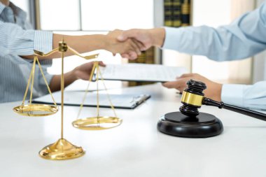 Profesyonel avukat, mahkeme salonunda iyi bir anlaşma yaptıktan sonra bir iş kadınıyla el sıkışıyor ve tebrik ediyor..