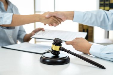 İş kadını, mahkemede iyi bir anlaşma yaptıktan sonra profesyonel bir avukatla tokalaşıyor..