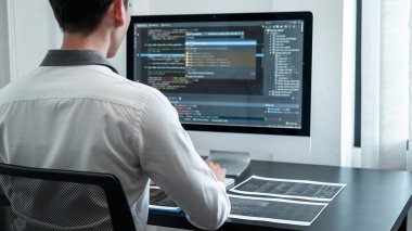 Masaüstü bilgisayarında yazılım geliştirme projesinde çalışan profesyonel programcı, kodlama yapıyor ve veri kodu şifresi güvenliği yazıyor.