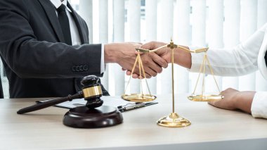 Profesyonel avukat, mahkeme salonunda iyi bir anlaşma yaptıktan sonra bir iş kadınıyla el sıkışıyor ve tebrik ediyor..