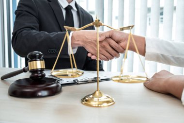 Profesyonel avukat, mahkeme salonunda iyi bir anlaşma yaptıktan sonra bir iş kadınıyla el sıkışıyor ve tebrik ediyor..