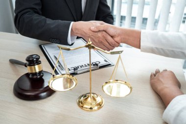 Profesyonel avukat, mahkeme salonunda iyi bir anlaşma yaptıktan sonra bir iş kadınıyla el sıkışıyor ve tebrik ediyor..