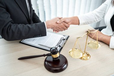 Profesyonel avukat, mahkeme salonunda iyi bir anlaşma yaptıktan sonra bir iş kadınıyla el sıkışıyor ve tebrik ediyor..