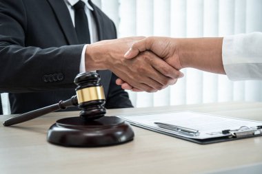 Profesyonel avukat, mahkeme salonunda iyi bir anlaşma yaptıktan sonra bir iş kadınıyla el sıkışıyor ve tebrik ediyor..