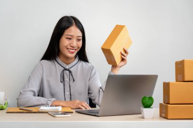 Genç kadın küçük işletme girişimcisi evde çalışıyor çevrimiçi müşteriden sipariş veriyor ve müşteriye gönderilen ürünleri paketlerken verileri kontrol ediyor.