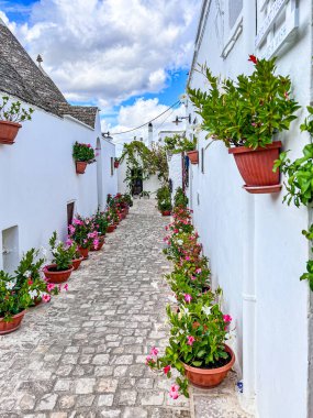 Alberobello, İtalya, Eylül 2024. Alberobello 'da geleneksel Trulli evleri.