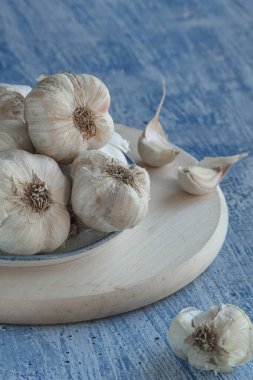 Bowl of fresh organic garlic bulbs, cloves on blue background. Selective focus.  clipart