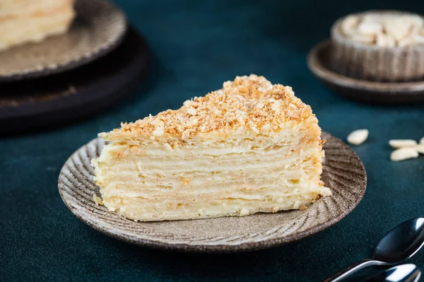 Layered cake with cream. Napoleon cake. millefeuille cake. Traditional cake