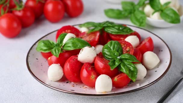 Assaisonnement Salade Caprese Aux Tomates Mozzarella Basilic Salade Assaisonnement Sel — Video