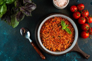 classic italian bolognese sauce. Preparing lasagna. Making lasagna sauce. Italian food. Meat stew