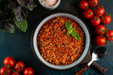 classic italian bolognese sauce. Preparing lasagna. Making lasagna sauce. Italian food. Meat stew