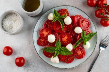 Domates, fesleğen ve mozzarella soslu Caprese salatası. İtalyan salatası. İtalyan yemeği. Yüksek kalite fotoğraf