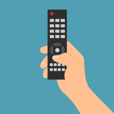 Bir erkek el bir televizyon ya da oyuncu için uzaktan kumandayı tutar ve yeşil arkaplanda bir düğmeye basar - vektöre