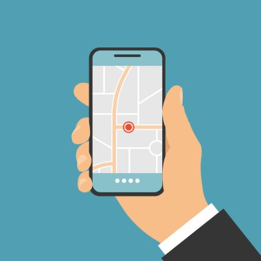 Erkek eli dokunmatik ekranlı cep telefonu. Haritalı GPS navigasyonu - yeşil arkaplan üzerindeki vektör