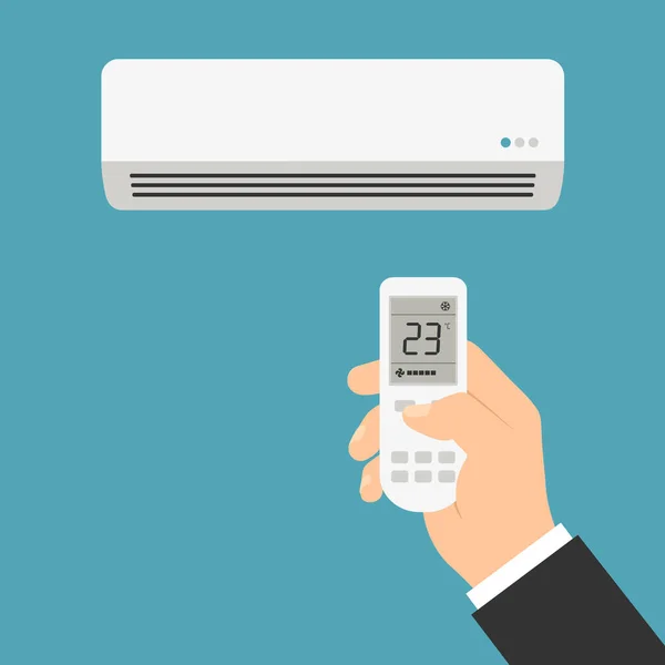Male Manager Hand Holds Air Conditioner Remote Control Adjusts Room — Image vectorielle