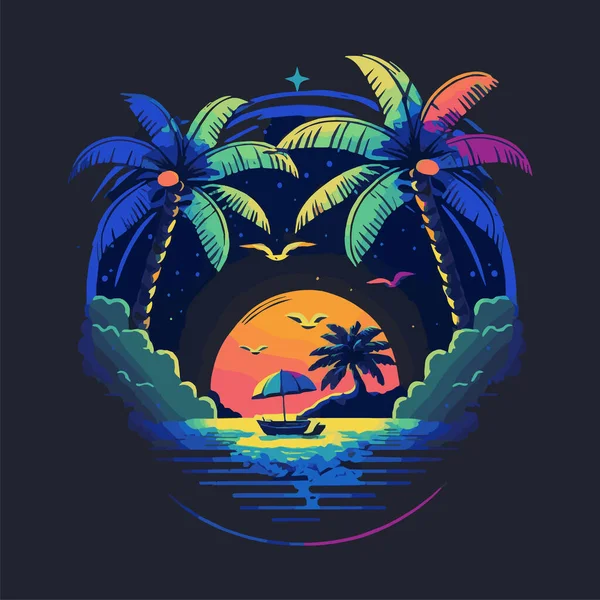 Tropical Island Palms Logo Beach Travel Retro Postal Sea Sand — Archivo Imágenes Vectoriales