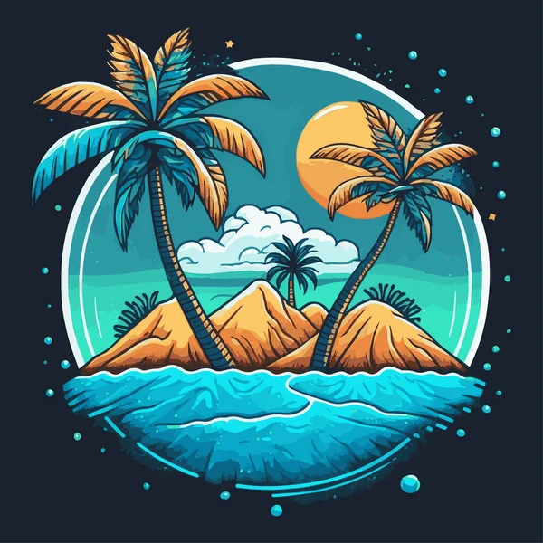 Tropical Island Palms Logo Beach Podróże Retrogaming Pocztówka Morze Piasek — Wektor stockowy