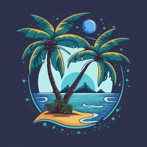 Isola Tropicale Palme Logo Beach Travel Retro Cartolina Mare Sabbia — Vettoriale Stock